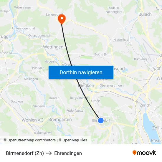 Birmensdorf (Zh) to Ehrendingen map