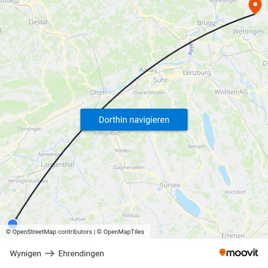 Wynigen to Ehrendingen map