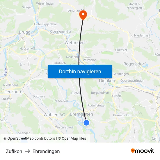 Zufikon to Ehrendingen map
