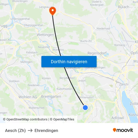 Aesch (Zh) to Ehrendingen map