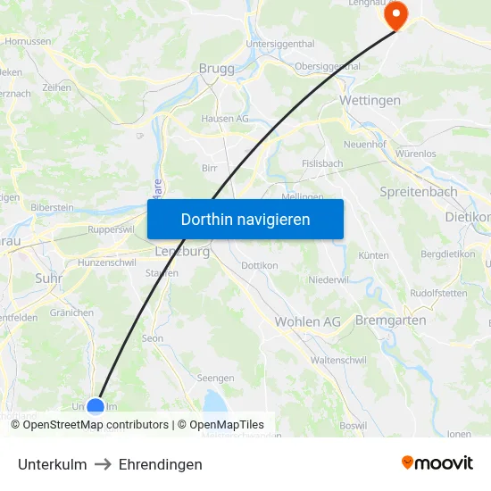 Unterkulm to Ehrendingen map