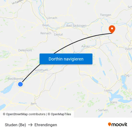 Studen (Be) to Ehrendingen map
