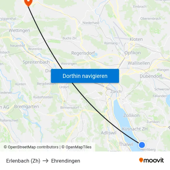 Erlenbach (Zh) to Ehrendingen map