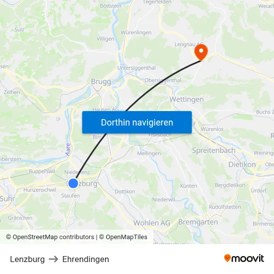 Lenzburg to Ehrendingen map