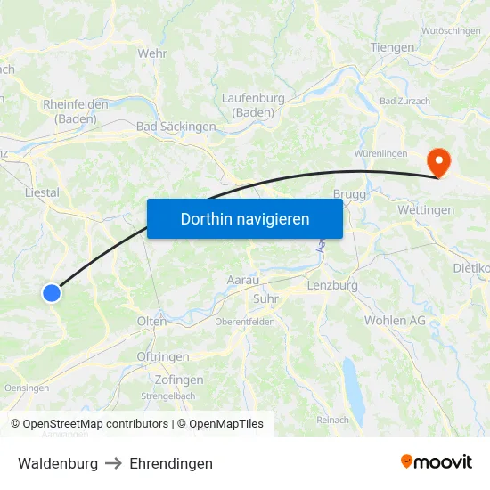 Waldenburg to Ehrendingen map