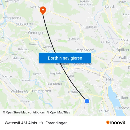 Wettswil AM Albis to Ehrendingen map