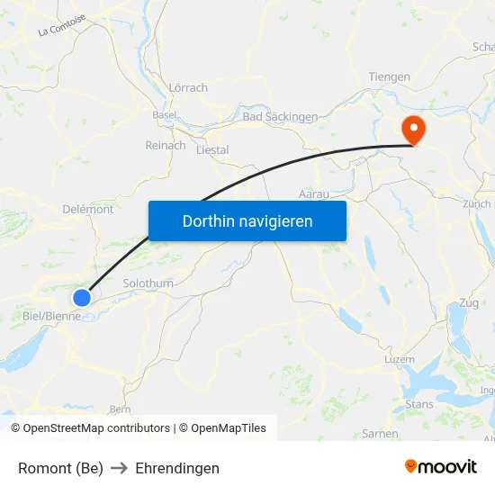 Romont (Be) to Ehrendingen map