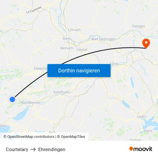 Courtelary to Ehrendingen map