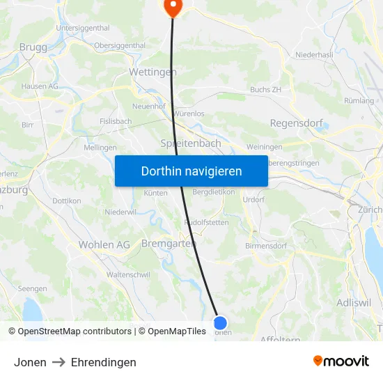 Jonen to Ehrendingen map