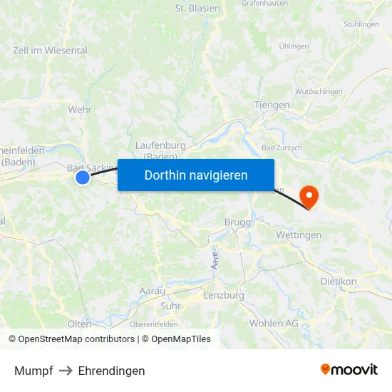 Mumpf to Ehrendingen map