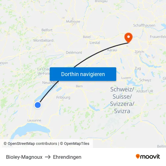 Bioley-Magnoux to Ehrendingen map