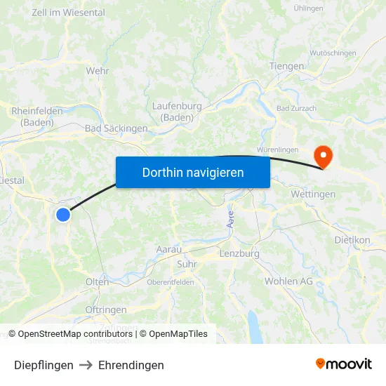 Diepflingen to Ehrendingen map