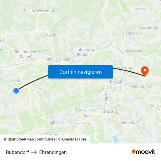 Bubendorf to Ehrendingen map