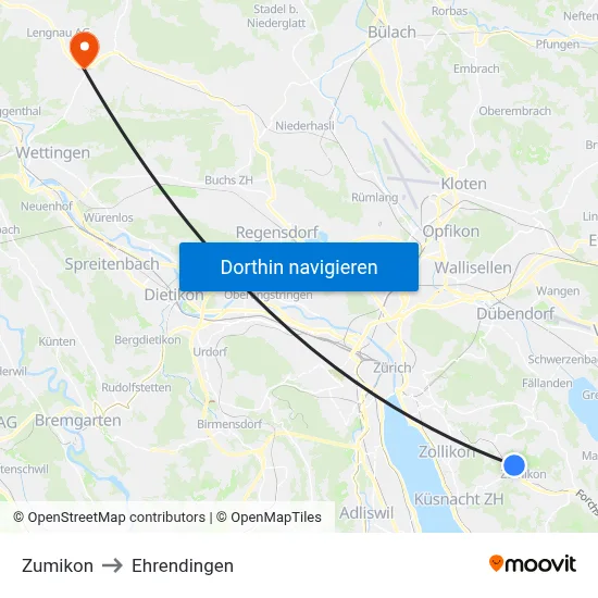 Zumikon to Ehrendingen map