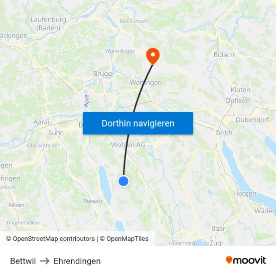Bettwil to Ehrendingen map