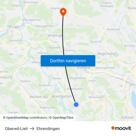 Oberwil-Lieli to Ehrendingen map