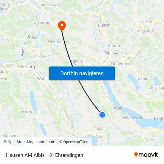 Hausen AM Albis to Ehrendingen map