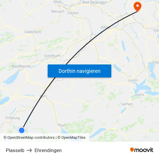 Plasselb to Ehrendingen map