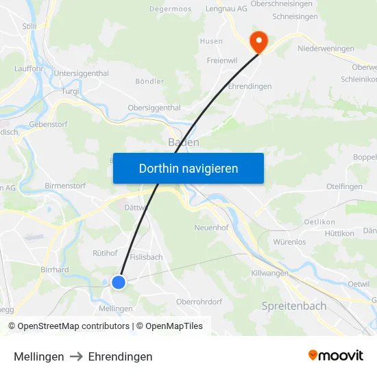 Mellingen to Ehrendingen map