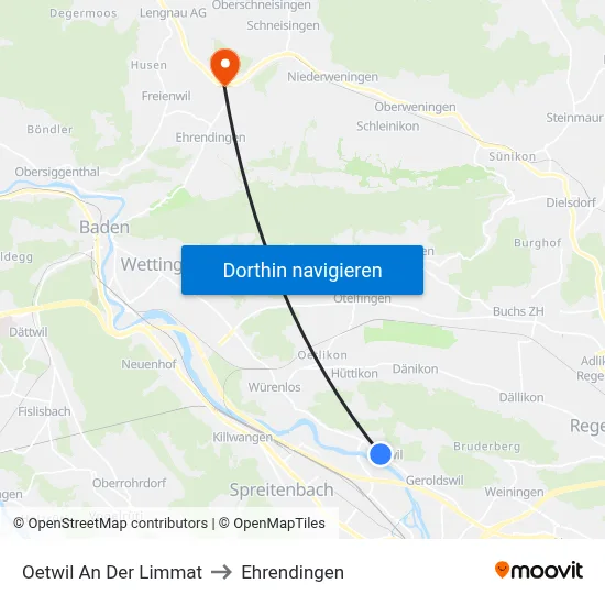 Oetwil An Der Limmat to Ehrendingen map