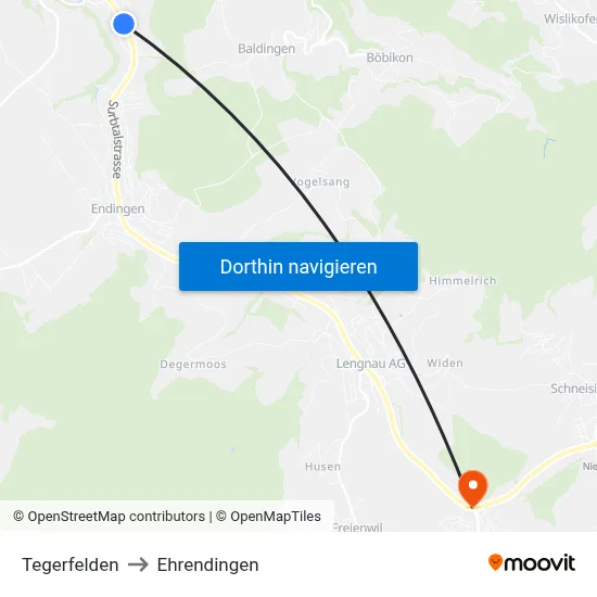 Tegerfelden to Ehrendingen map
