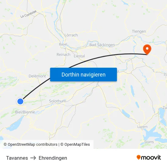 Tavannes to Ehrendingen map