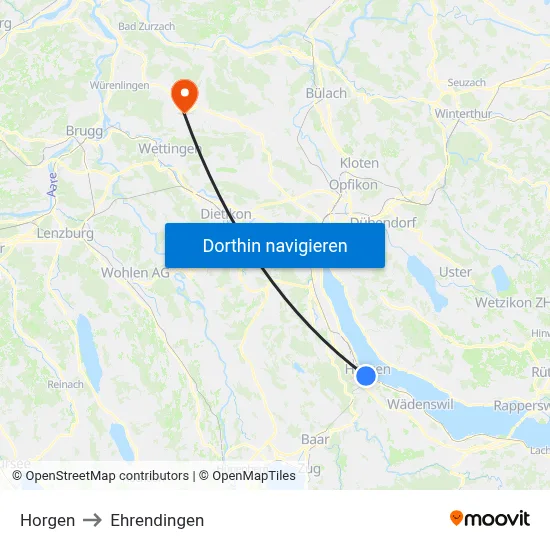 Horgen to Ehrendingen map