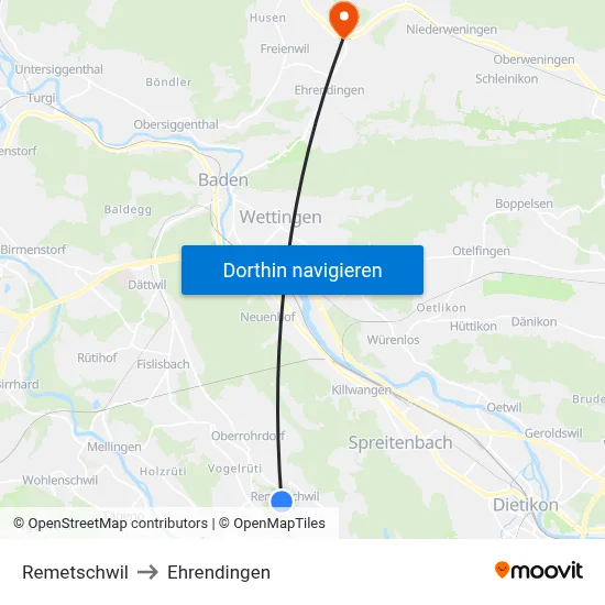 Remetschwil to Ehrendingen map