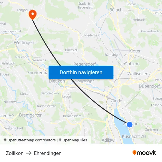 Zollikon to Ehrendingen map