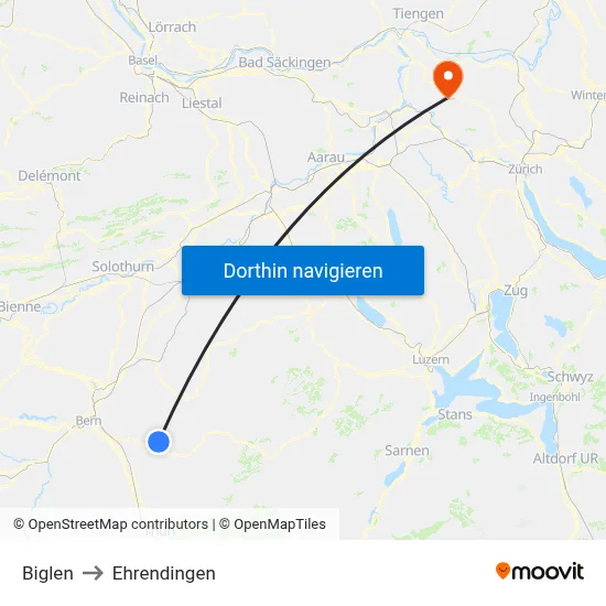 Biglen to Ehrendingen map