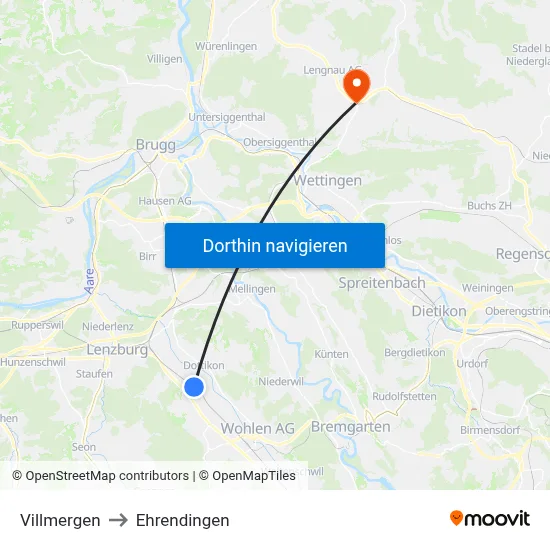 Villmergen to Ehrendingen map