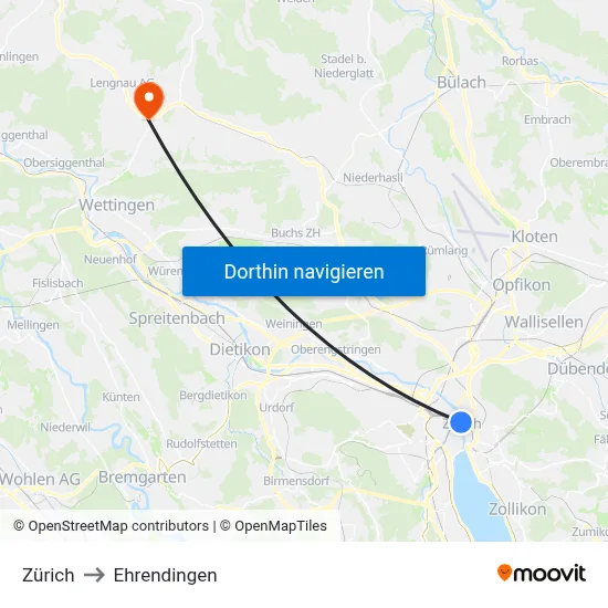 Zürich to Ehrendingen map