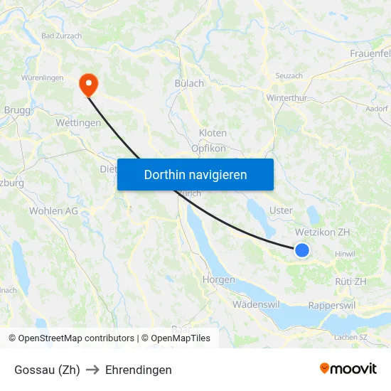 Gossau (Zh) to Ehrendingen map