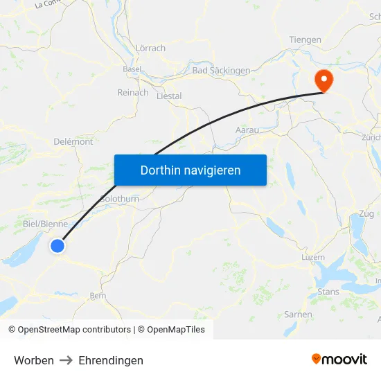Worben to Ehrendingen map