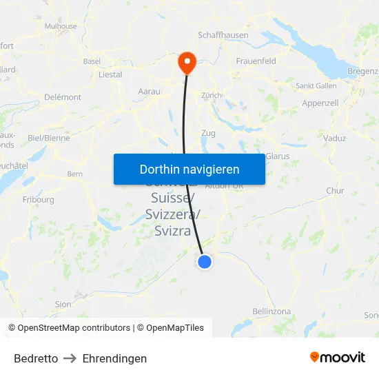 Bedretto to Ehrendingen map