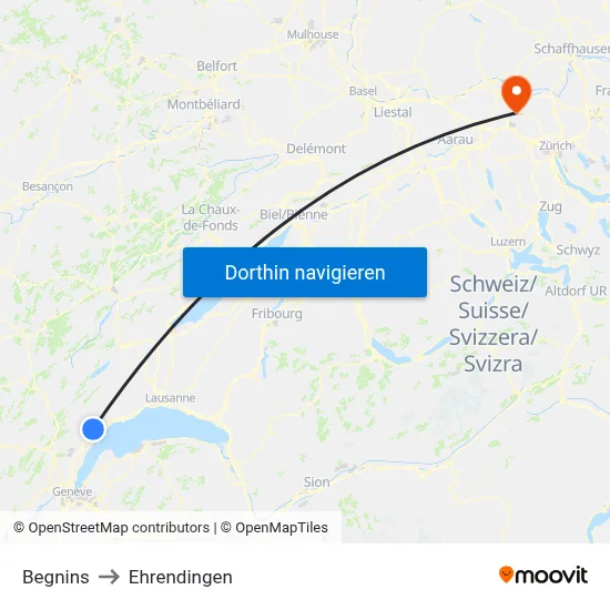 Begnins to Ehrendingen map