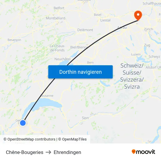 Chêne-Bougeries to Ehrendingen map