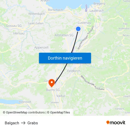 Balgach to Grabs map