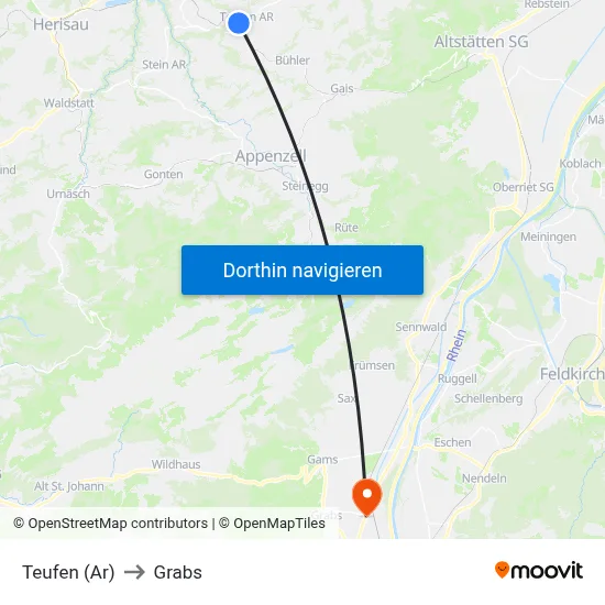 Teufen (Ar) to Grabs map