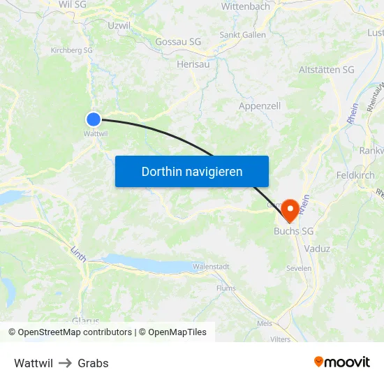 Wattwil to Grabs map