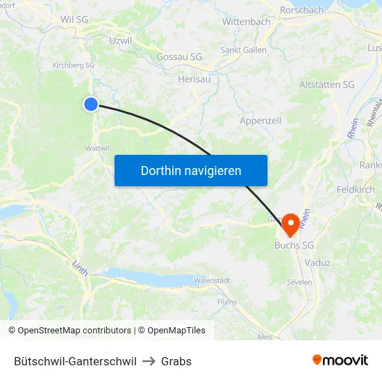 Bütschwil-Ganterschwil to Grabs map