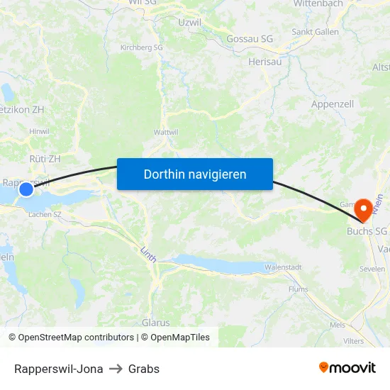 Rapperswil-Jona to Grabs map