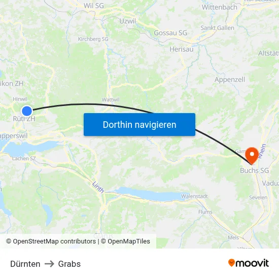 Dürnten to Grabs map