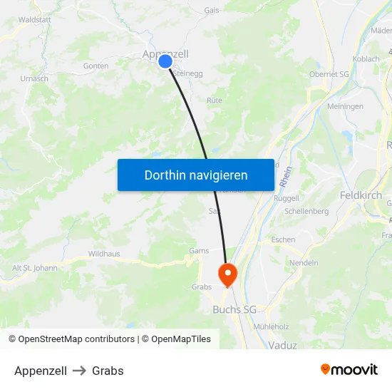 Appenzell to Grabs map