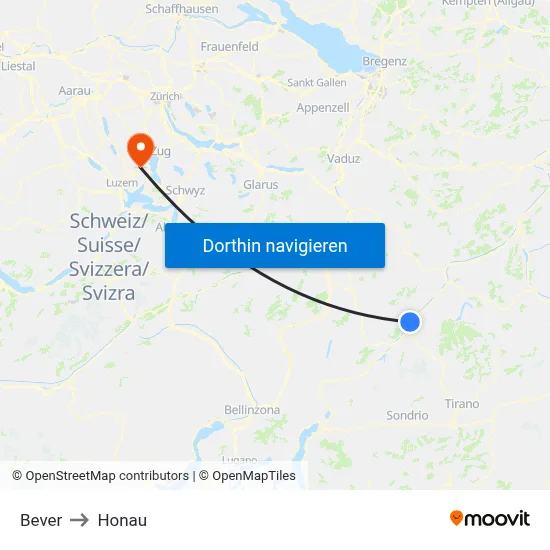 Bever to Honau map