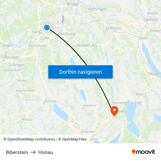 Biberstein to Honau map