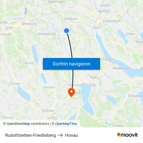 Rudolfstetten-Friedlisberg to Honau map