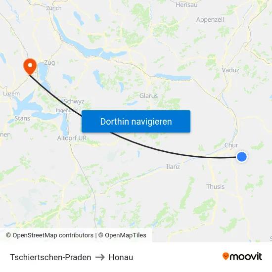 Tschiertschen-Praden to Honau map