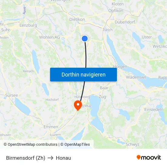 Birmensdorf (Zh) to Honau map