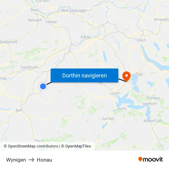 Wynigen to Honau map